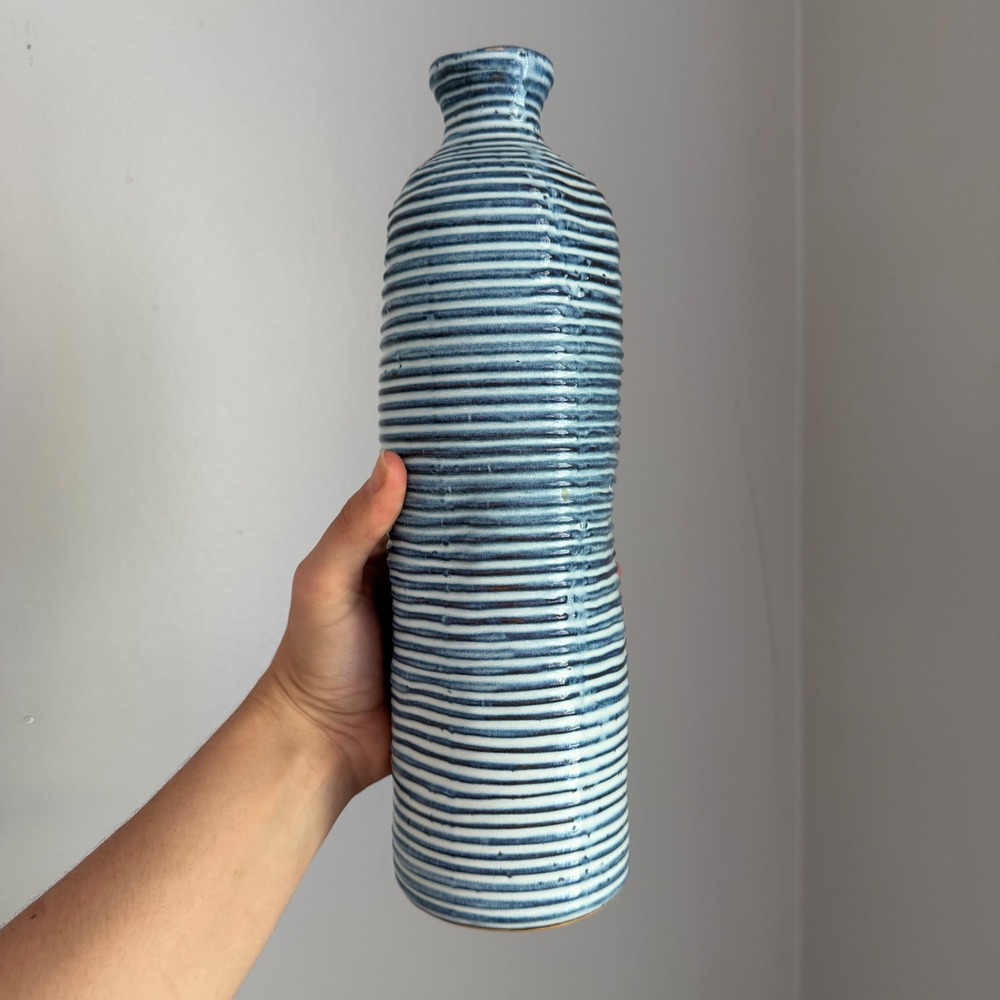 Handmade Blue White Striped Ceramic Bud Vase Ribbed Textured Pottery 11.5 inch